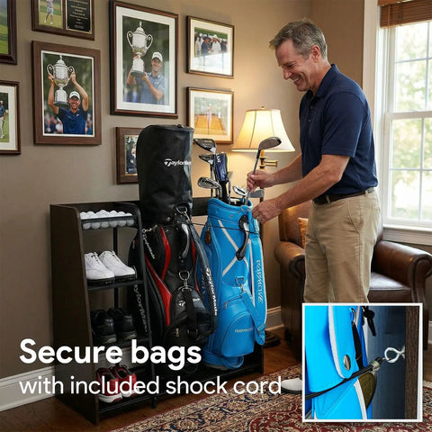 Golf Bag Storage Organizer For Garage Holds Two Golf Bags With Ball Storage Basket Keeps Golf Gear Neat Accessible And Ready To