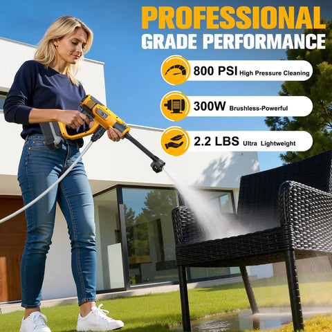 Person using Workhorse Cleaning Tool For DeWalt 20V Battery System, Tool Only, 2.2 Lbs, 16.4 Ft Hose on patio chair