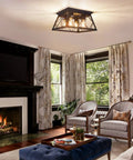 4 Light Black Dope Flush Mount Ceiling Light in living room, industrial farmhouse square cage design