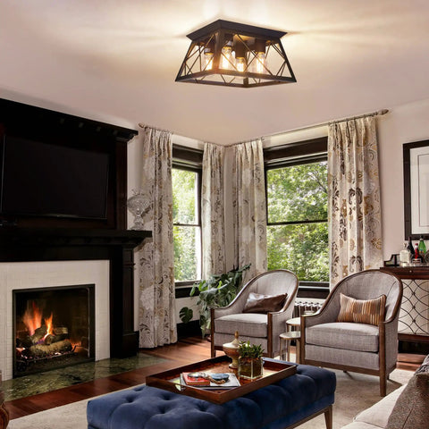 4 Light Black Dope Flush Mount Ceiling Light in living room, industrial farmhouse square cage design