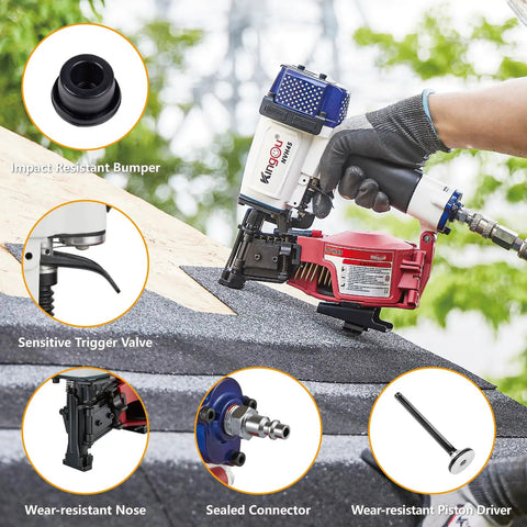 Badass Heavy Duty Roofing Nail Gun Built With Heat Treated Alloy Nose for Serious Shingle Installations on a job site.