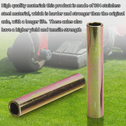 Two Pack 104-3667 Spanner Bushing For Toro Lawn Boy Quest E S Series 304 Stainless Steel, 4 1/4 Inch Long, 1/2 Inch ID, Rustproof, Heavy Duty Axle Replacement Part For Lawn Equipment. 304 stainless steel bushings shown on grass