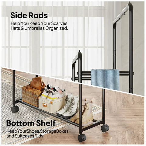 Super Slick Double Tier Garment Rack Built Tough With Heavy Duty Steel Frame And Spacious Bottom Shelf Total Closet Game Changer In Sleek Black Finish Easy Assembly