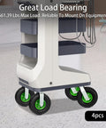 Four Black 10 Inch Pneumatic Caster Wheels With Heavy Duty Rubber Treads And 661 Lb Load Rating mounted on equipment.