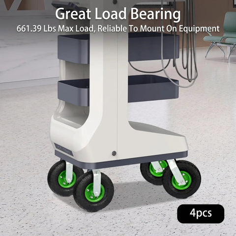 Heavy Duty 8 Inch Pneumatic Wheel Casters Set Of 4 With Thick Rubber Tires And Built Tough Galvanized Brackets Delivering Zero Noise Swivel And Rigid Motion For Smooth Cart Rolling on a equipment cart.