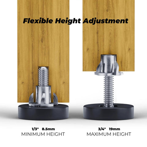 Quarter Inch Thread Furniture Leveling Feet with T Nuts, showing adjustable height from 1/3 inch to 3/4 inch, for furniture.