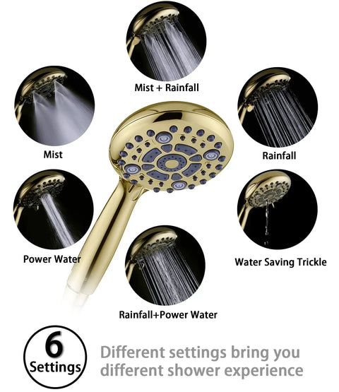 High Pressure Handheld Shower Head With Six Spray Settings Detachable Design 4.9 Inch Face showing mist and rainfall options