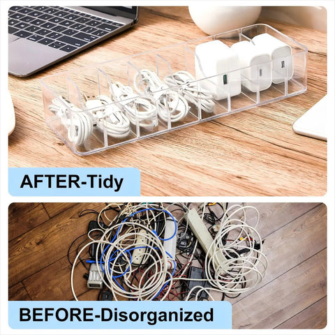 2 Pack Cable Organizer Box With 20 Wire Ties Clear Desk Drawer Storage, tidy cables vs tangled wires on wooden desk