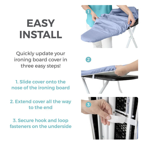 Easy install of Heavy Duty Ironing Board Cover With Extra Thick Padding And Heat Reflective Silicone Coating size 15 by 54 inches blue.
