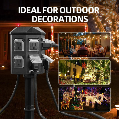 Heavy Hitter Outdoor Power Strip Timer With Dusk To Dawn Light Sensor, waterproof six outlet extension cord mounted for outdoor decorations.