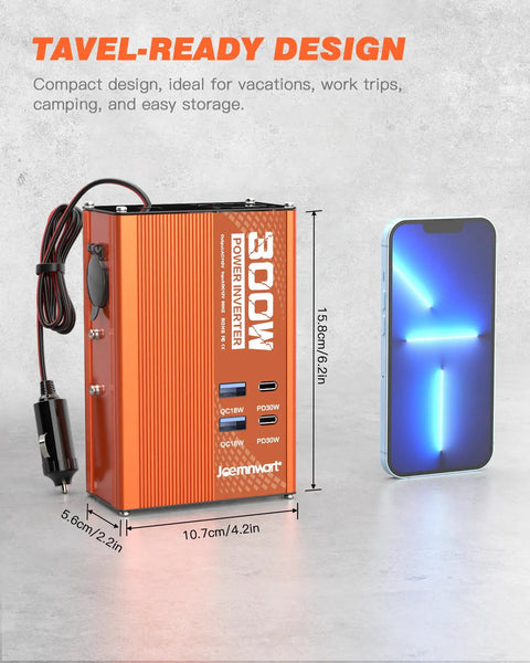 Straight Up Reliable 300W Car Power Inverter DC 12V To 110V AC Converter with USB ports near smartphone for size comparison.