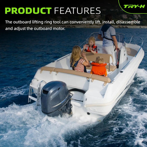 Family on boat demonstrating the use of Outboard Lifting Ring Tool Hoist Eye For Boat Motors Compatible With Mercury Marine Force 50HP Yamaha 2-Stroke 50HP And Up Replacement Parts AMT0022 18-9896 Heavy Duty Secure Hoist Ring For Easy Engine Lift And Safe Maintenance at sea.