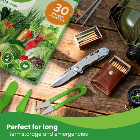 Over 18,000 Heirloom Seeds in a 30 Varieties Veggie Garden Pack with tools on wooden table.