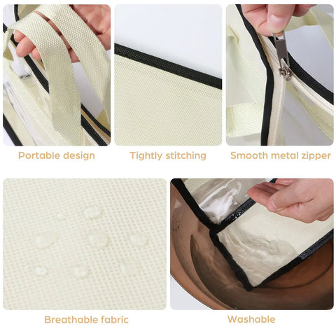 12 Pack Clear Handbag Storage Bags With Zipper And Handles See Through Purse Organizer details: stitching, zipper, fabric, and washability.