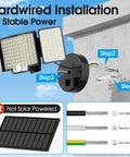 Image showing hardwired installation steps for a flood light, noting it's not solar powered, with wiring diagram.