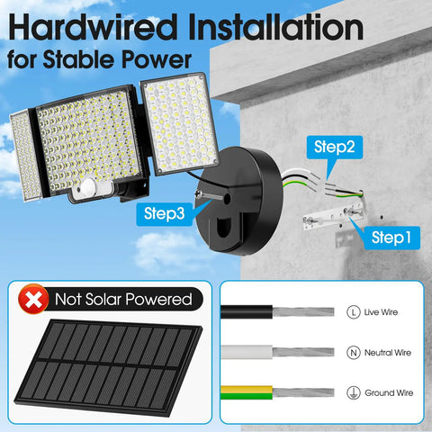 Image showing hardwired installation steps for a flood light, noting it's not solar powered, with wiring diagram.