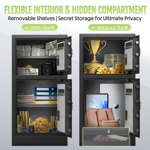 Heavy Duty Dual Door Safe Box With Hidden Lock And Fireproof Waterproof Bag Removable Shelves Quiet Operation 8.6 Cubic Foot Fireproof Safe interior with valuables