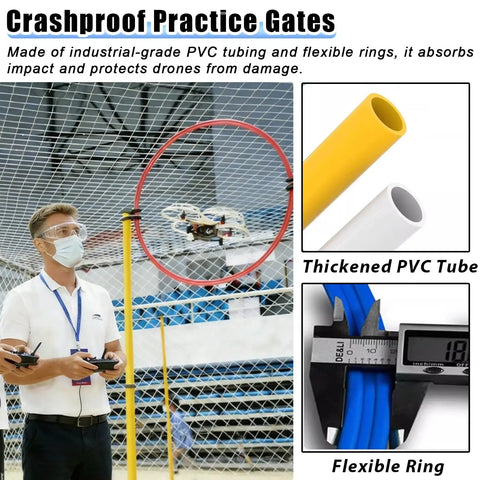 Crash-Proof Drone Trainer For Beginners And Pros, Indoor Obstacle Course Kit with PVC tube and flexible rings shown
