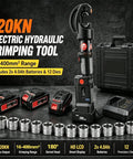 Heavy Duty 12 Ton Electric Hydraulic Cable Crimping Tool Kit With Dual 18V Cordless Batteries, accessories, and dies on a black background.