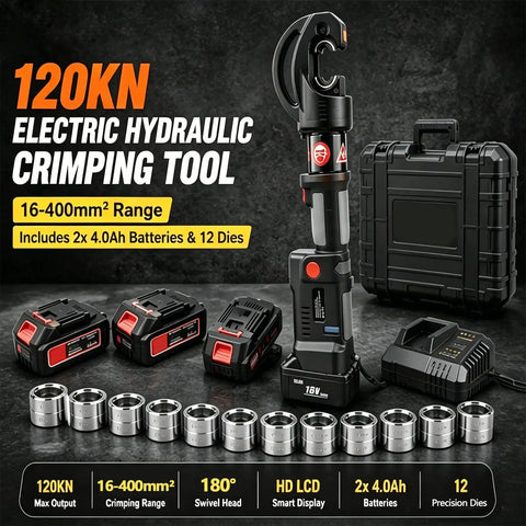 Massive 120K New Electric Hydraulic Cable Crimping Tool With Dual Batteries, 18V, two batteries, precision dies, 16-400mm2 range.