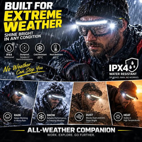 Smart Safety Glasses With Touchless Control And Five Rechargeable Lighting Modes, Waterproof Led Headlamp for extreme weather use.