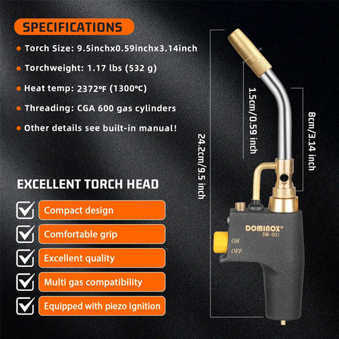 Specifications of the Trigger Start Propane Torch Head For Propane And MAP Gas, Beast Mode High Temperature Flame Up To 2372F.