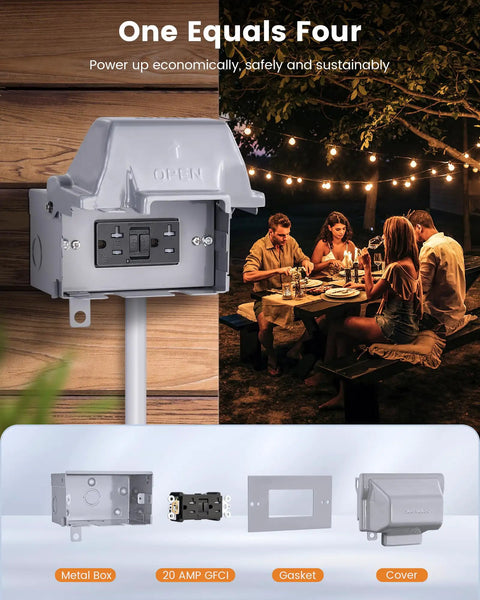 Tough As Nails Waterproof Outdoor Outlet Box With 20 Amp GFCI Safety Switch, gray metal box with GFCI for outdoor use.