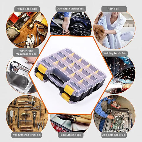 Double Sided Tool Organizer Box With 34 Compartments And Removable Dividers Clear Lid shown with various tools