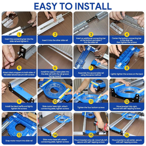 Installation steps for Pro Grade 50 Inch Benchtop Board Slab Flattening Jig with Adjustable Router Sled for precise alignment on wood projects.