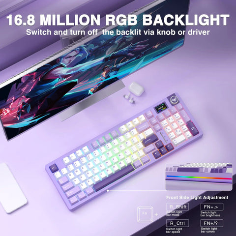 Slick Wireless Mechanical Gaming Keyboard With Smart Lcd Screen showcasing 16.8 million RGB backlight options and adjustment knobs.