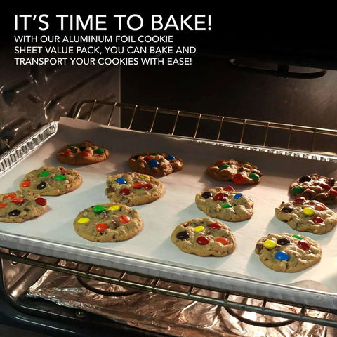 Aluminum Foil Trays 15 Pack Disposable Bakeware 16 Inch By 11 Inch Nonstick Reusable Cookie Sheets with cookies baking