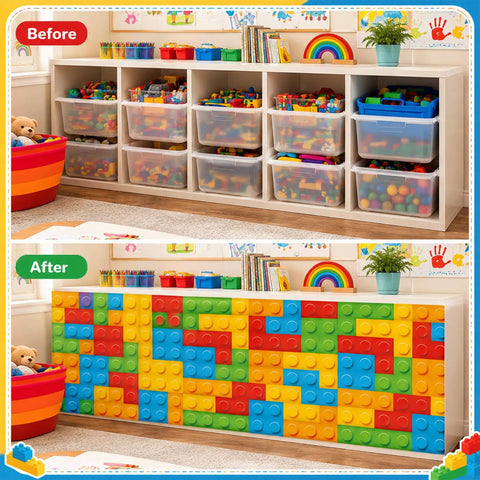 Six Foot Building Block Table Skirt With Bold Primary Bricks For Teacher Desk And Classroom Tables covering storage bins in classroom.