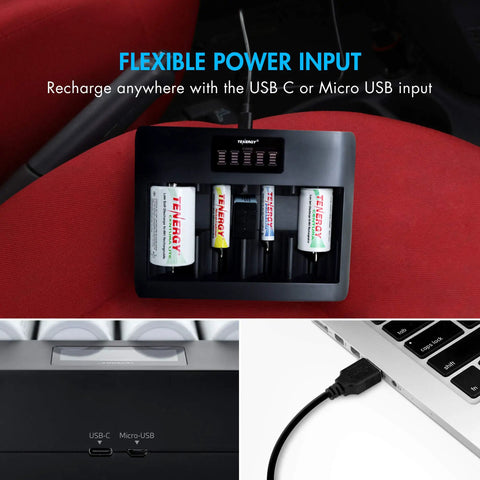 Smart 5 Bay Universal Battery Charger With LCD Display, USB-C And Micro USB Input, charging batteries in a car seat