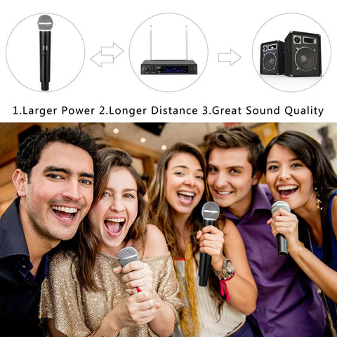 Group enjoying karaoke with Wireless Microphone System With Dynamic Handheld Mics, 150 Ft Operating Range, 16 Hours Continuous Use