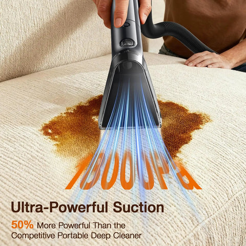Close-up of powerful suction cleaning a sofa with Electric Spin Scrubber With 4 Replaceable Brush Heads And Adjustable Extension Handle Pro Bathroom Tile Cleaner 400 RPM Deep Cleaning Pre Soak Tip For Stubborn Grime No Bending Required Clean Like A Boss