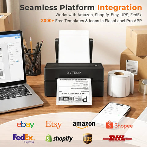 Bluetooth Thermal Shipping Label Printer 4x6 Inch, 203 DPI, Inkless For Small Business, Works With iPhone Android Windows Mac Chromebook Via USB, Print Fast And Easy, Save Every First Label