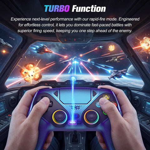 RGB Wireless Controller for PS5 and PC, Bluetooth Gamepad With Turbo, Macro, Dual Vibration, 6 Axis Motion, 3.5mm Audio Jack and 1000mAh Battery, Quick Connect and Plug and Play Across Platforms, purple controller in space battle