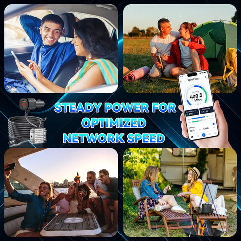 Heavy Duty Car Power Adapter For Satellite Routers Delivers Rock Solid 30V Output used by friends enjoying mobile WiFi outdoors.