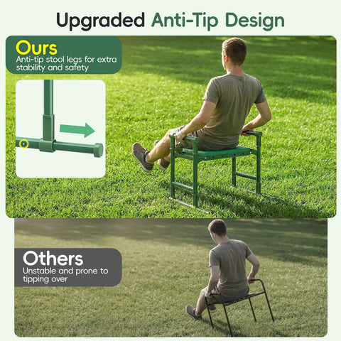 Garden Kneeler And Seat With Anti Tip Extendable Legs Foldable Portable Garden Stool With Two Tool Bags Thick Soft Kneeling Pad Great Gift For Women Men Seniors Deep Green shown in use on grass