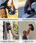 Portable Electric Vacuum Suction Cup Lifter For Wood Tile Marble Drywall Heavy Duty Hand Tool With Two Batteries Moves Three Seventy Five Pounds No Sweat Construction Hauling in use by workers lifting wood and tile.