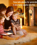 Family using Heavy Duty 19 Inch Fireplace Bellows For Home And Camp while sitting by the fire, cozy atmosphere with kids nearby.