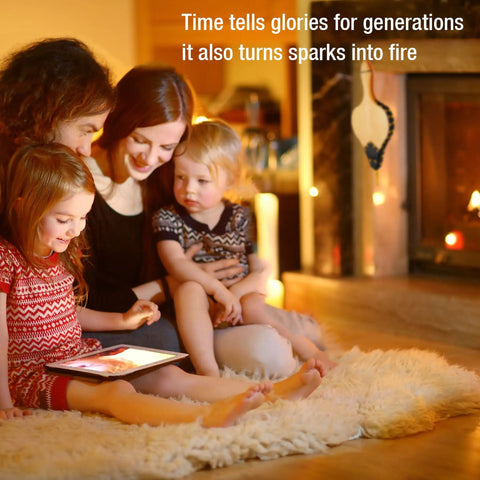 Family using Heavy Duty 19 Inch Fireplace Bellows For Home And Camp while sitting by the fire, cozy atmosphere with kids nearby.