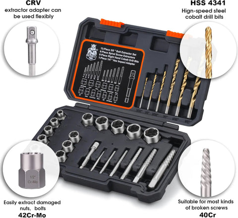 Heavy Duty Bolt Extractor And Screw Extractor Kit With Cobalt Drill Bits In Case 26 Piece Set open view showcasing tools