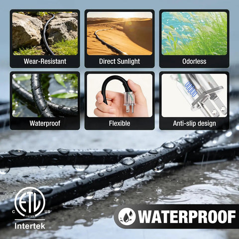 Outdoor Extension Cord 12 Gauge 3 Conductor 50 Foot Heavy Duty Waterproof Power Cable For Garden And Workshop 15A 125V 1875W ETL Certified NEMA 5 15 Plugs Durable Weatherproof Cable waterproof black cord with ETL listed plugs