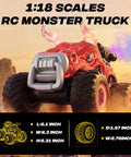 Epic 1:18 Scale RC Monster Truck With Water Spray And Dancing Spins, 4WD Off Road Beast, red design with dimensions highlighted