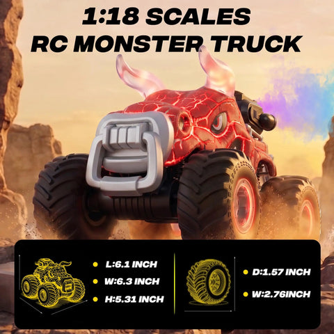 Epic 1:18 Scale RC Monster Truck With Water Spray And Dancing Spins, 4WD Off Road Beast, red design with dimensions highlighted