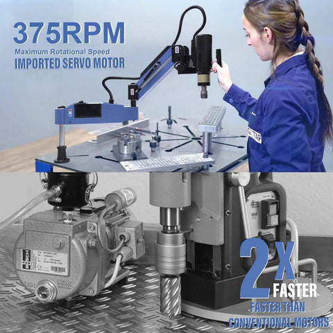 Rock Solid Electric Servo Tapping Machine M3 To M16 with 375 RPM imported servo motor for fast thread cutting.
