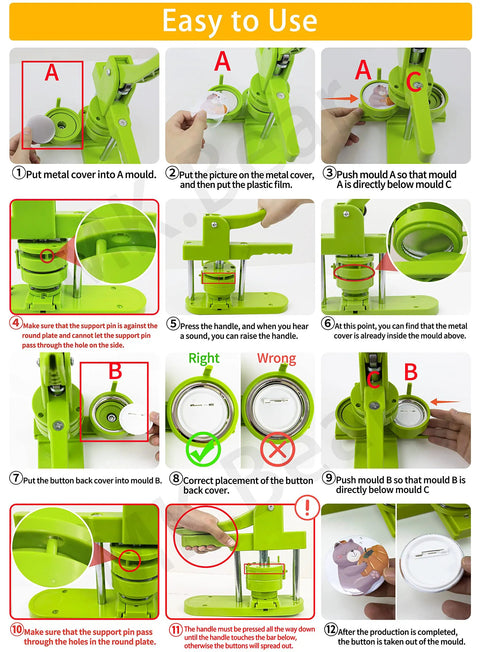 Ultimate Button Maker Machine Kit With Adjustable 2 Inch And 1.25 Inch Dies For Dope DIY Crafts showing assembly steps and usage instructions.