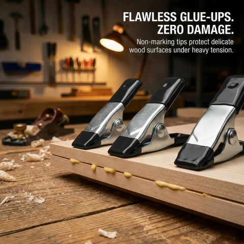Straight Up Kicking 40 Pack Mini Spring Clamps Heavy Duty Nickel Plated Steel Clips for securing wood surface during glue-up.