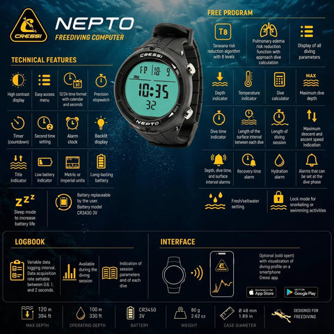 Nepto Freediving Watch Computer With Ultra Compact 48mm Case And 35mm High Contrast Display Taravana Protection Algorithm